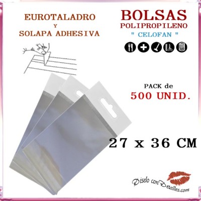 Bolsa Celofán Solapa Adhesiva, Refuerzo y Eurotaladro  27  x 36 cm (500 Uds)