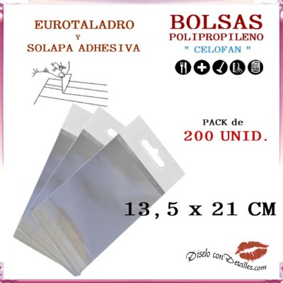 Bolsa Celofán Solapa Adhesiva, Refuerzo y Eurotaladro  13.5  x 21 cm (200 Uds)