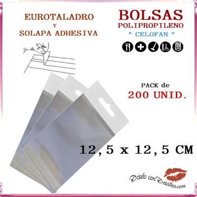 Bolsa Celofán Solapa Adhesiva, Refuerzo y Eurotaladro  12.5  x 12.5 cm (200 Uds)
