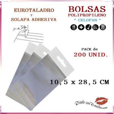 Bolsa Celofán Solapa Adhesiva, Refuerzo y Eurotaladro  10.5  x 28.5 cm (200 Uds)